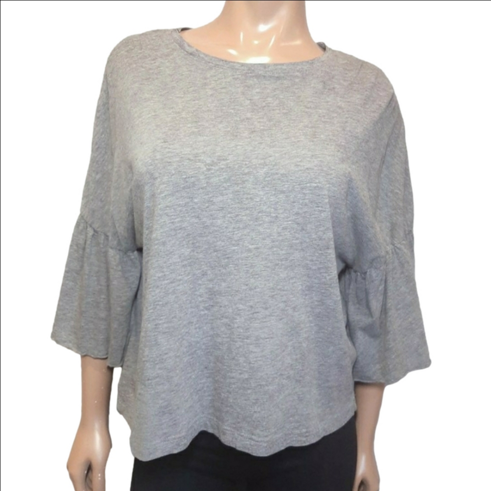 Zara Trafaluc Cropped Bell Sleeve Top Relaxed Boxy Grey Pullover Size Medium